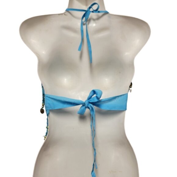 Blue Belly Dancing Top Crocheted with Gold Beads Coins Halter Crop Top - Picture 4 of 6